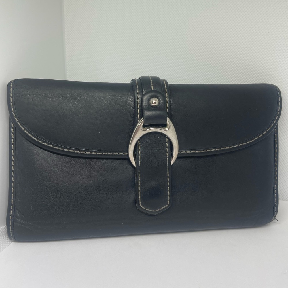 Dooney and Bourke, black leather checkbook, wallet coin, cash silver vintage